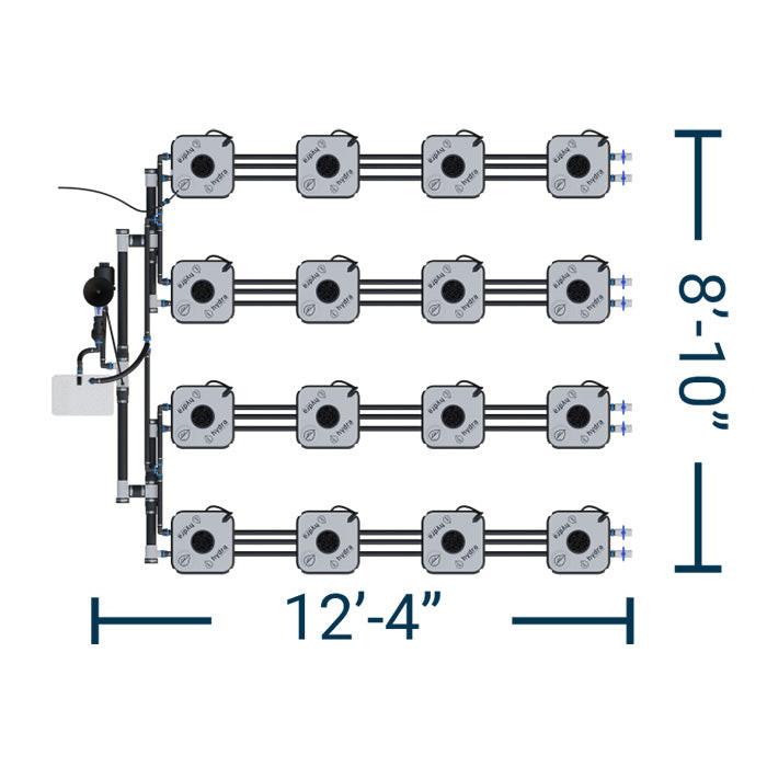 HydraMax Professional RDWC Hydroponic System, 4-Row, 16-Site System