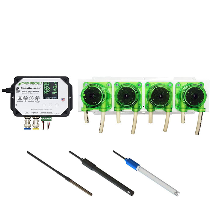 Agrowtek GrowControl MDX AgrowDose Mini Dosing Controller System With Mounting Panel, Quad Peristaltic Pumps & Temperature, pH, EC Sensors