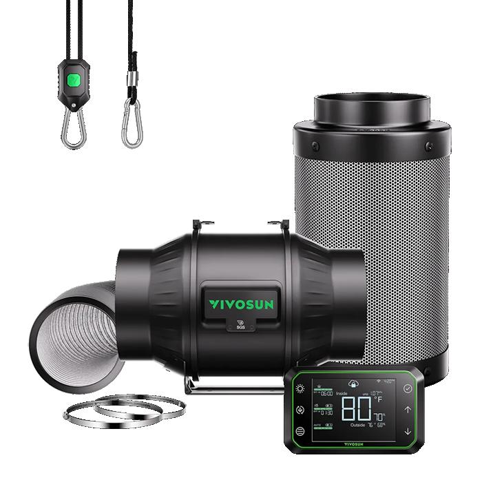 Vivosun Smart Air Filtration Kit Pro, AeroZesh T6 Inline Fan, E42A Controller, Carbon Filter, & Ducting Combo, 6"