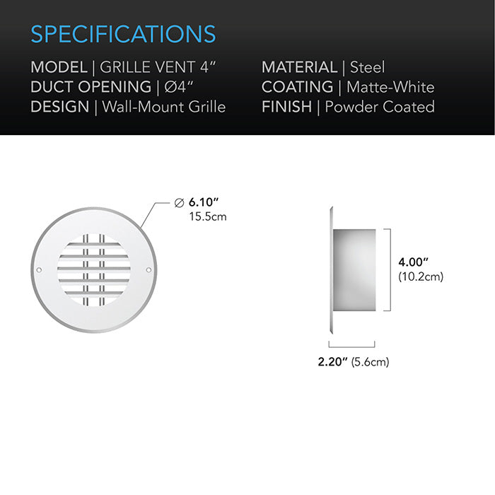 AC Infinity Wall-Mount Duct Grille Vent, White Steel, 4"