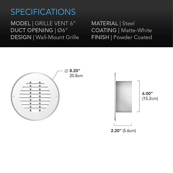 AC Infinity Wall-Mount Duct Grille Vent, White Steel, 6"