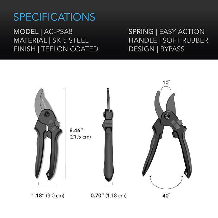 AC Infinity Stainless Steel Pruning Shear, 8" Bypass Blades