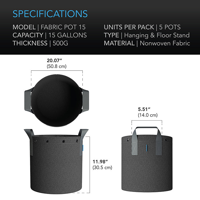 AC Infinity Heavy-Duty Fabric Pot, 15 Gallon, Pack of 5