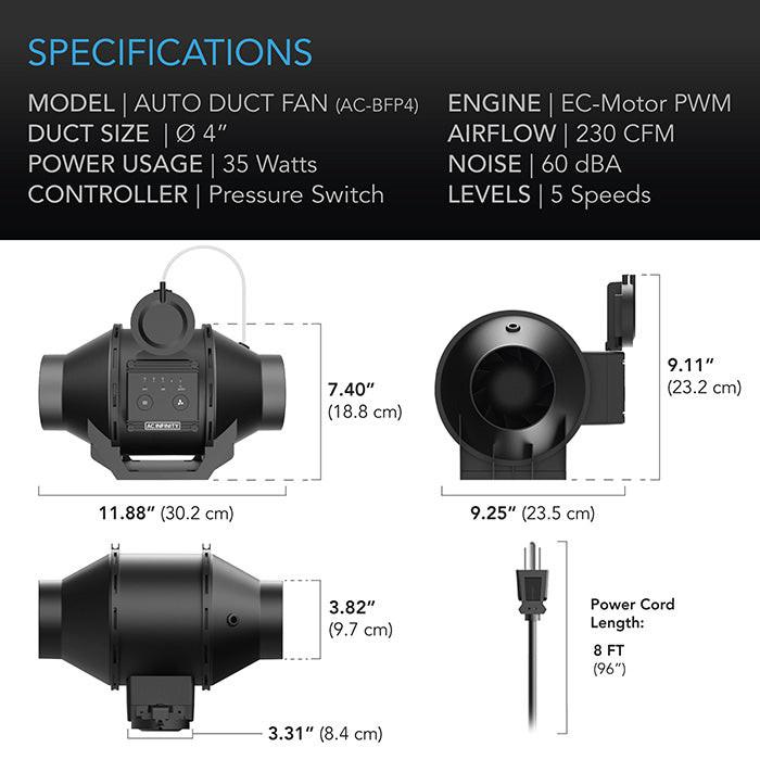 AC Infinity Automatic Booster Duct Fan, 4"