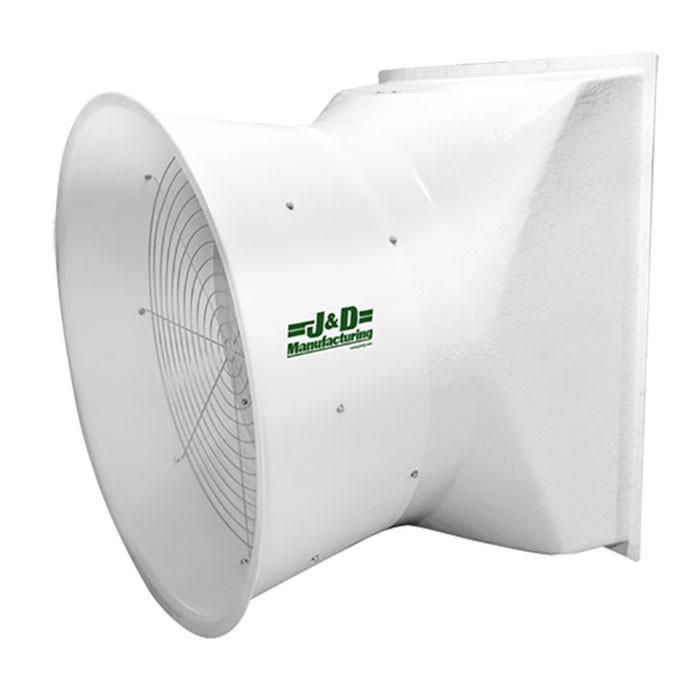 J&D Manufacturing Tornado Fiberglass Exhaust Fan, 36" - 9694 CFM (Direct Drive, 230/460 Volt, 1/2HP, Three Phase, Gold Star, With Cone, Aluminum Shutter, 3 Blade Galvanized Prop)