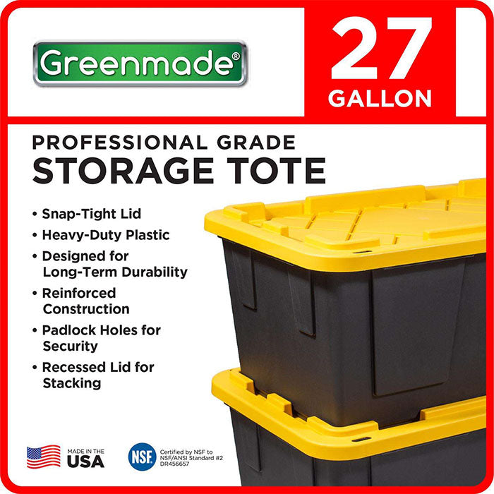 Greenmade Black Storage Bin with Yellow Lid, 27 Gallon - Pallet of 44