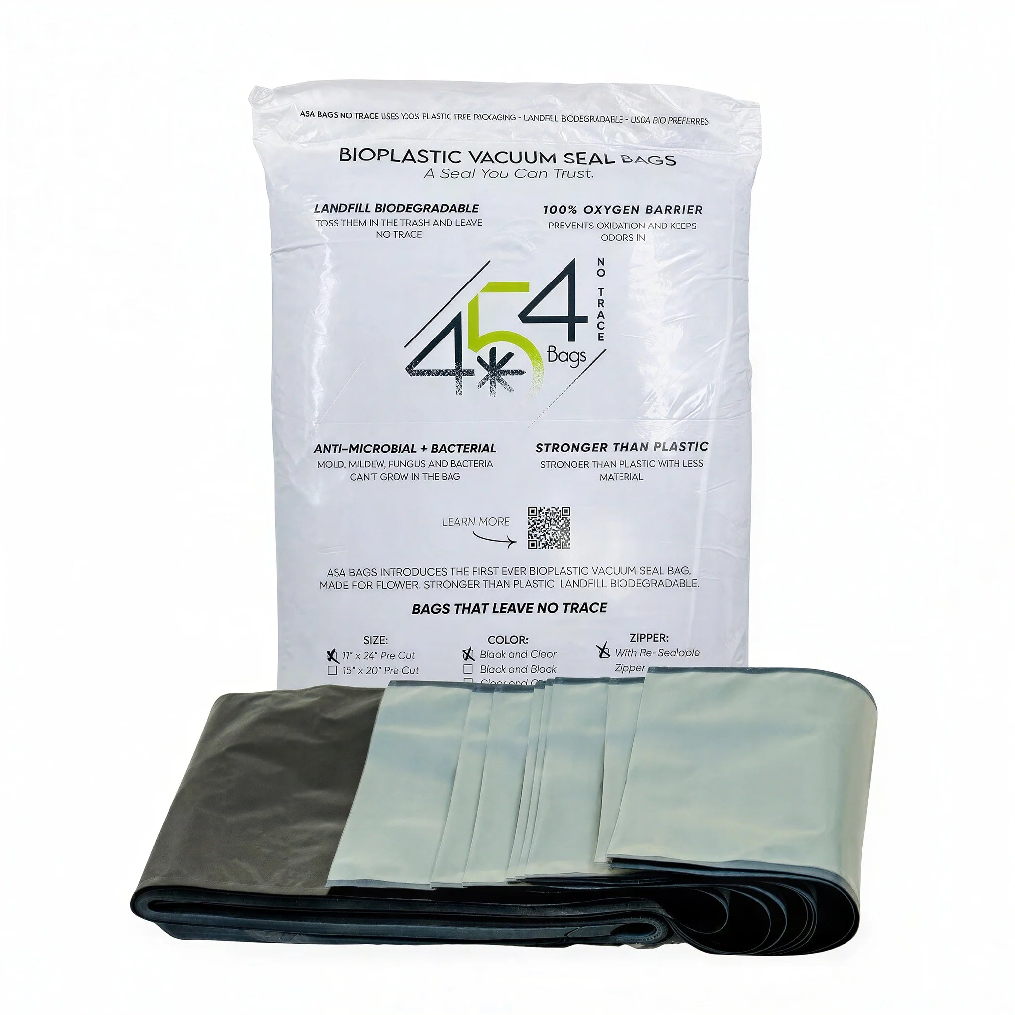 454 Bags BioPlastic Vacuum Seal Storage Bags with Resealable Zipper, 5 mil, 11 Inch x 24 Inch, Black & Clear - Pack of 50