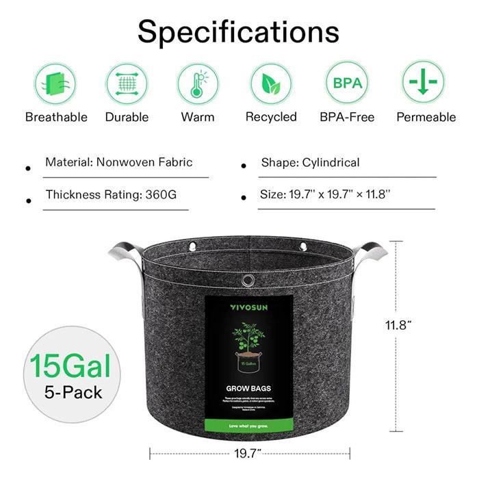 Vivosun Thick Nonwoven Fabric Pot with Handles & Multi-Purpose Rings, 15 Gallon, Pack of 5