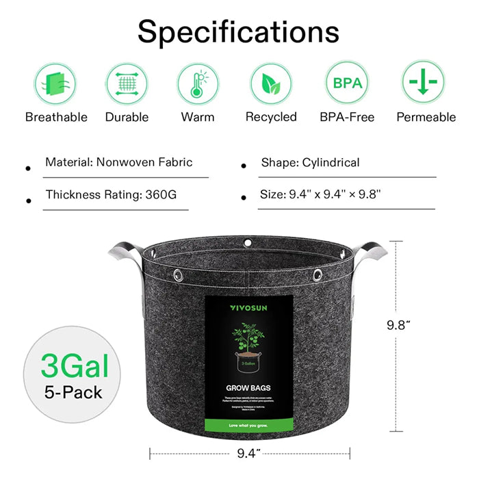 Vivosun Thick Nonwoven Fabric Pot with Handles & Multi-Purpose Rings, 3 Gallon, Pack of 5