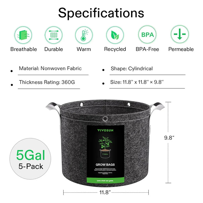 Vivosun Thick Nonwoven Fabric Pot with Handles & Multi-Purpose Rings, 5 Gallon, Pack of 5