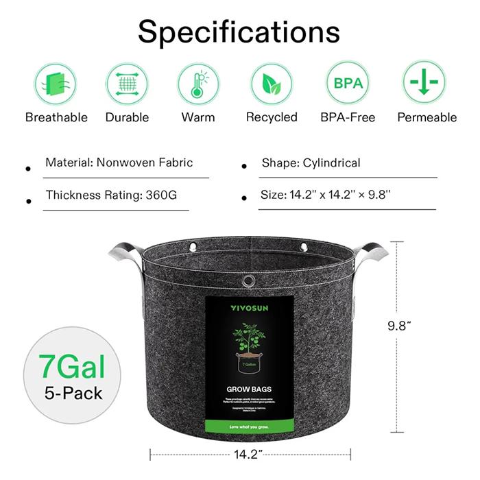 Vivosun Thick Nonwoven Fabric Pot with Handles & Multi-Purpose Rings, 7 Gallon, Pack of 5