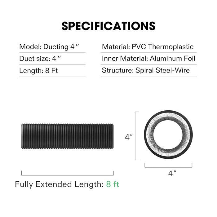 Vivosun Black Non-Insulated Flex Air Aluminum Ducting, 4" x 8'
