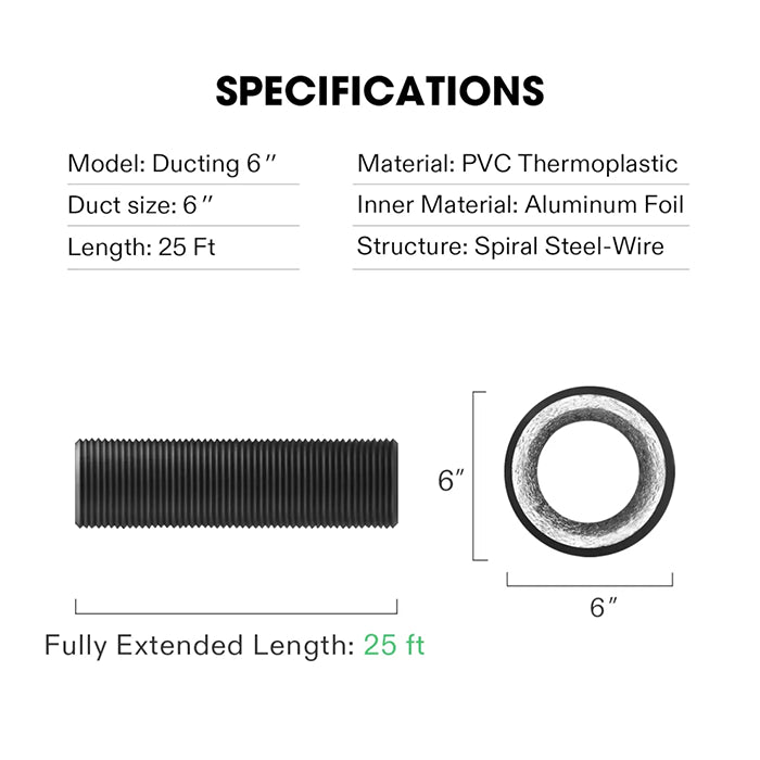 Vivosun Black Non-Insulated Flex Air Aluminum Ducting, 6" x 25'