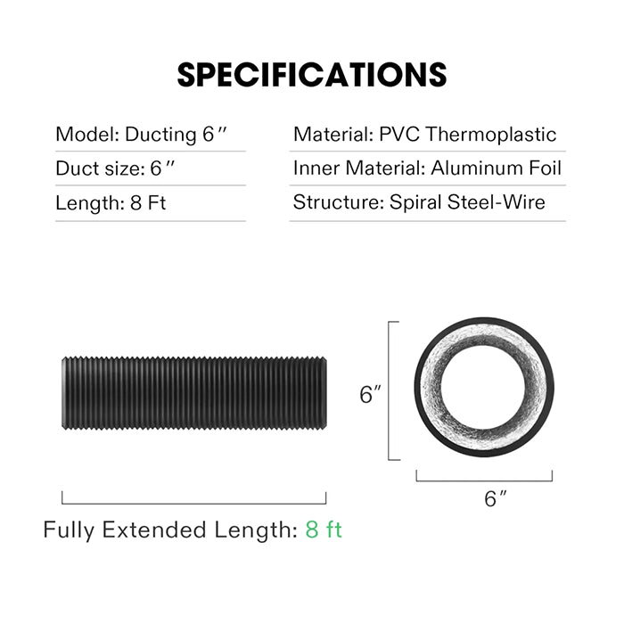 Vivosun Black Non-Insulated Flex Air Aluminum Ducting, 6" x 8'