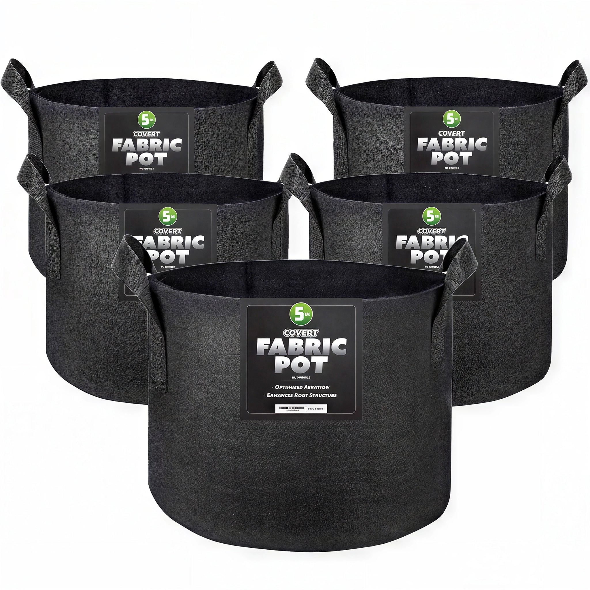 Covert Fabric Pot with Handle, 5 Gallon - Black, Pack of 5