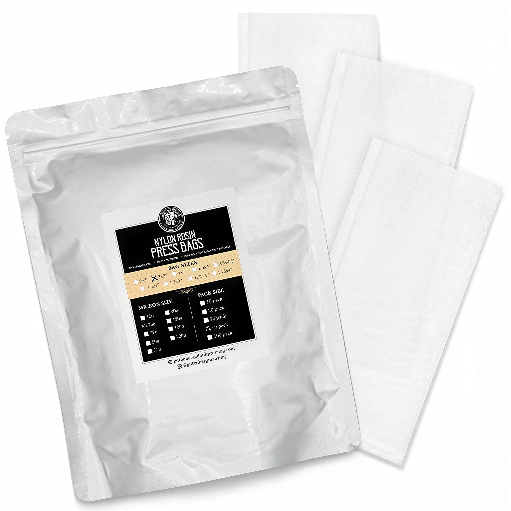 Gutenbergs Dank Pressing Co. 3" x 6" Rosin Bags, 50 Micron - Pack of 25
