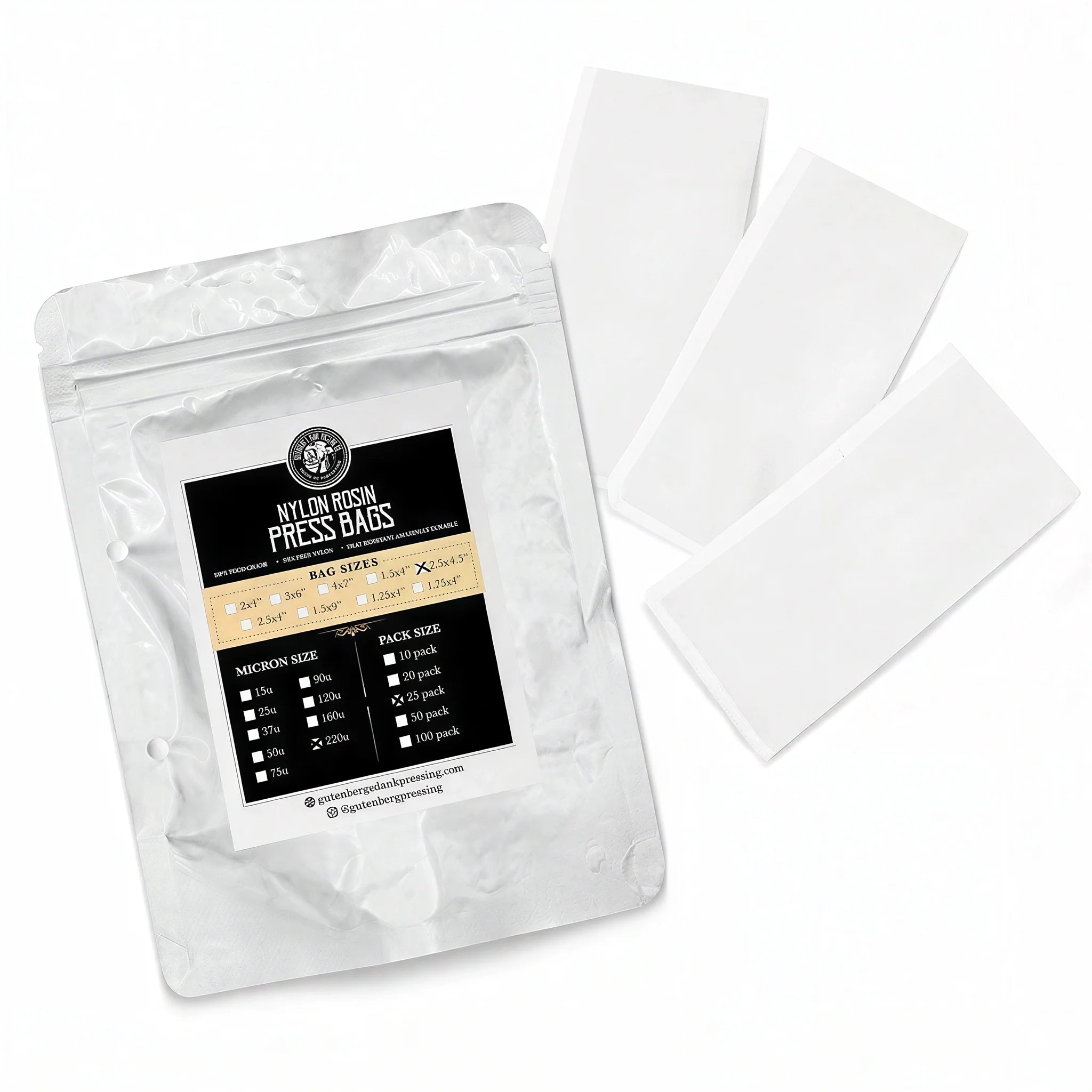 Gutenbergs Dank Pressing Co. 2.5" x 4.5" Rosin Bags, 220 Micron - Pack of 25