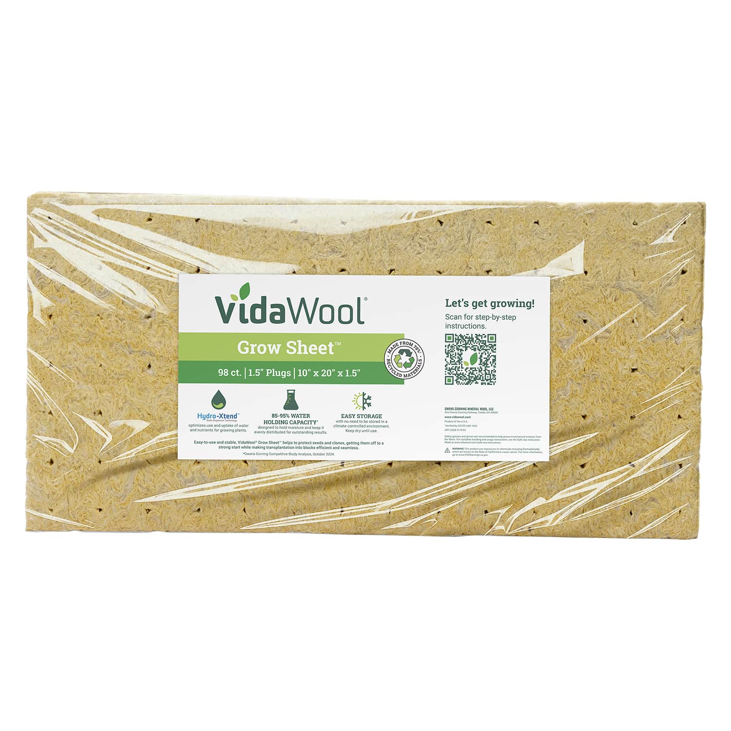 VidaWool Grow Sheet, 1.5" Plug, 98/Sheet, Wrapped, Case of 28 Sheets