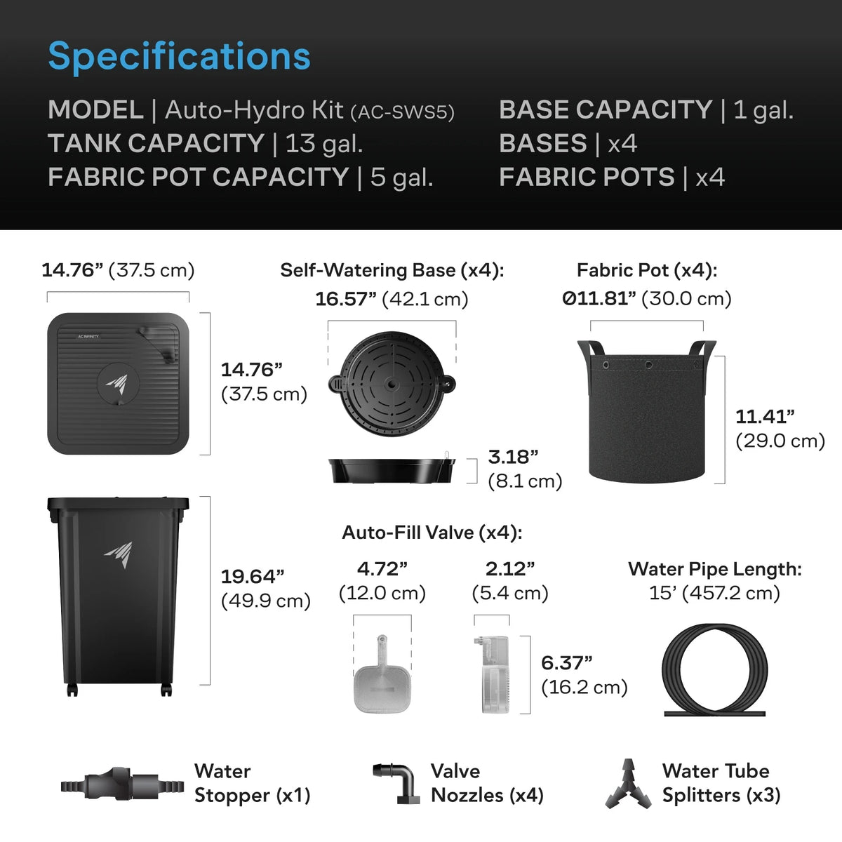 AC Infinity 4 Pot Self-Watering Hydroponic System, 13 Gallon Reservoir
