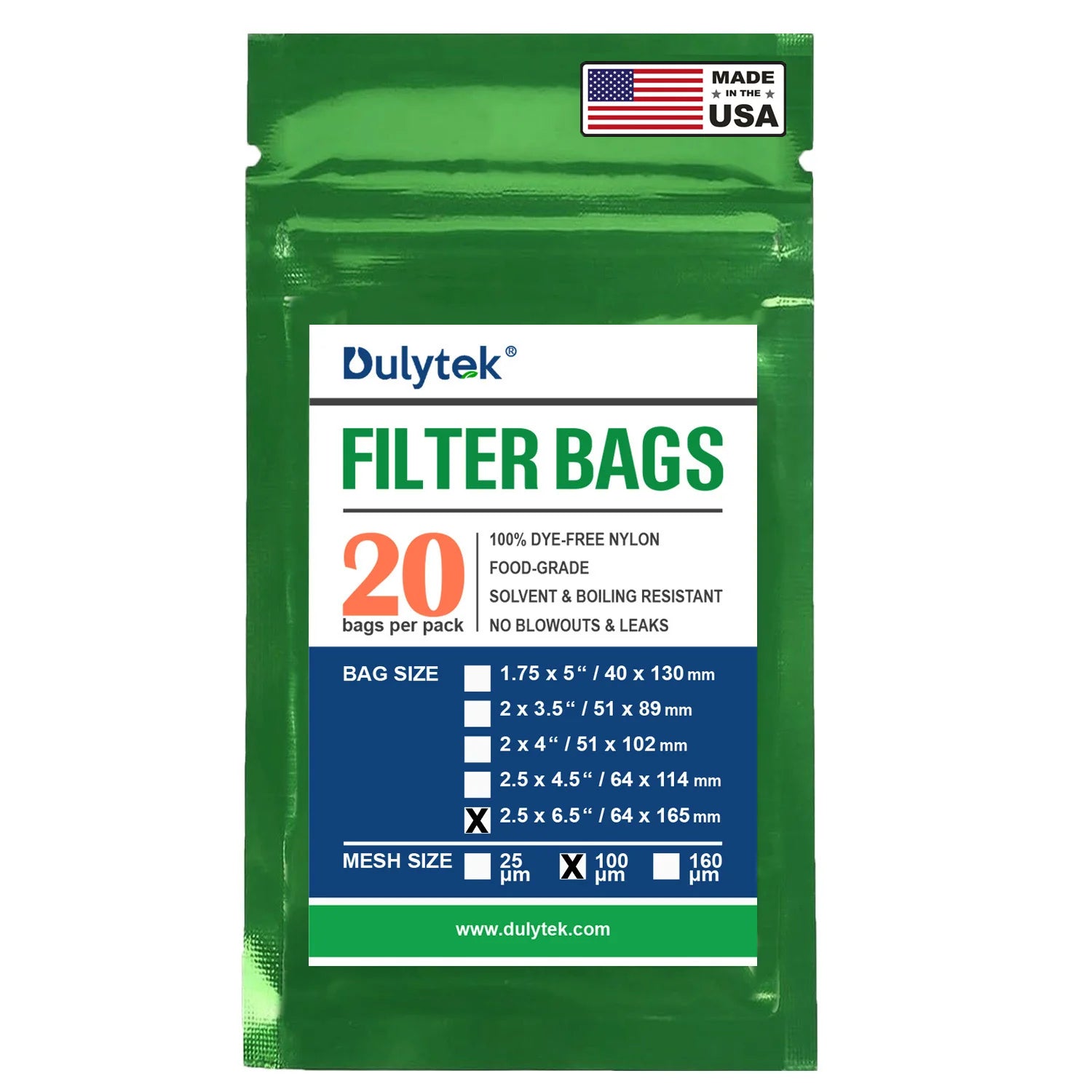 Dulytek Premium Nylon Filter Bags, 2.5" x 6.5", 100 Micron, Pack of 20