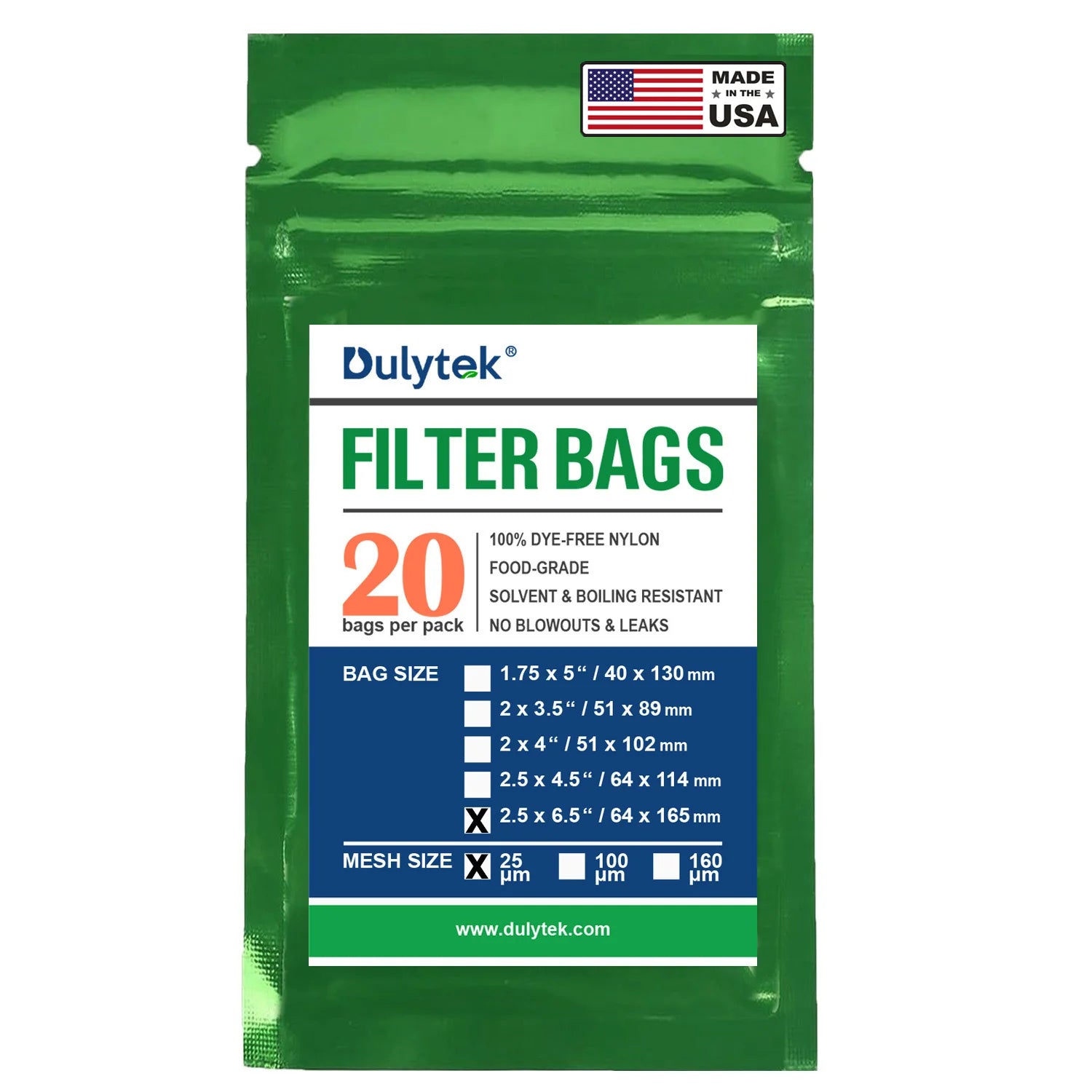 Dulytek Premium Nylon Filter Bags, 2.5" x 6.5",  25 Micron, Pack of 20