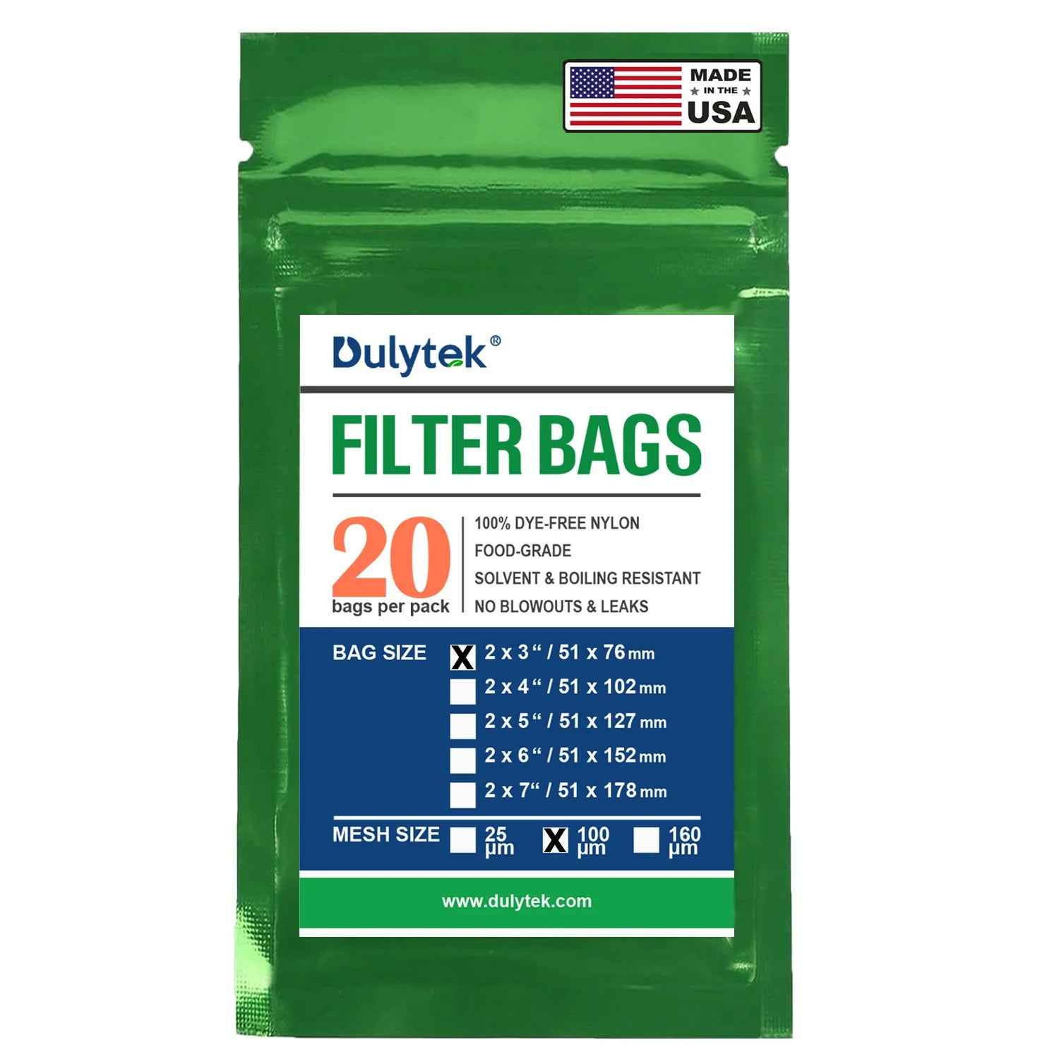 Dulytek Premium Nylon Filter Bags, 2" x 3", 100 Micron, Pack of 20