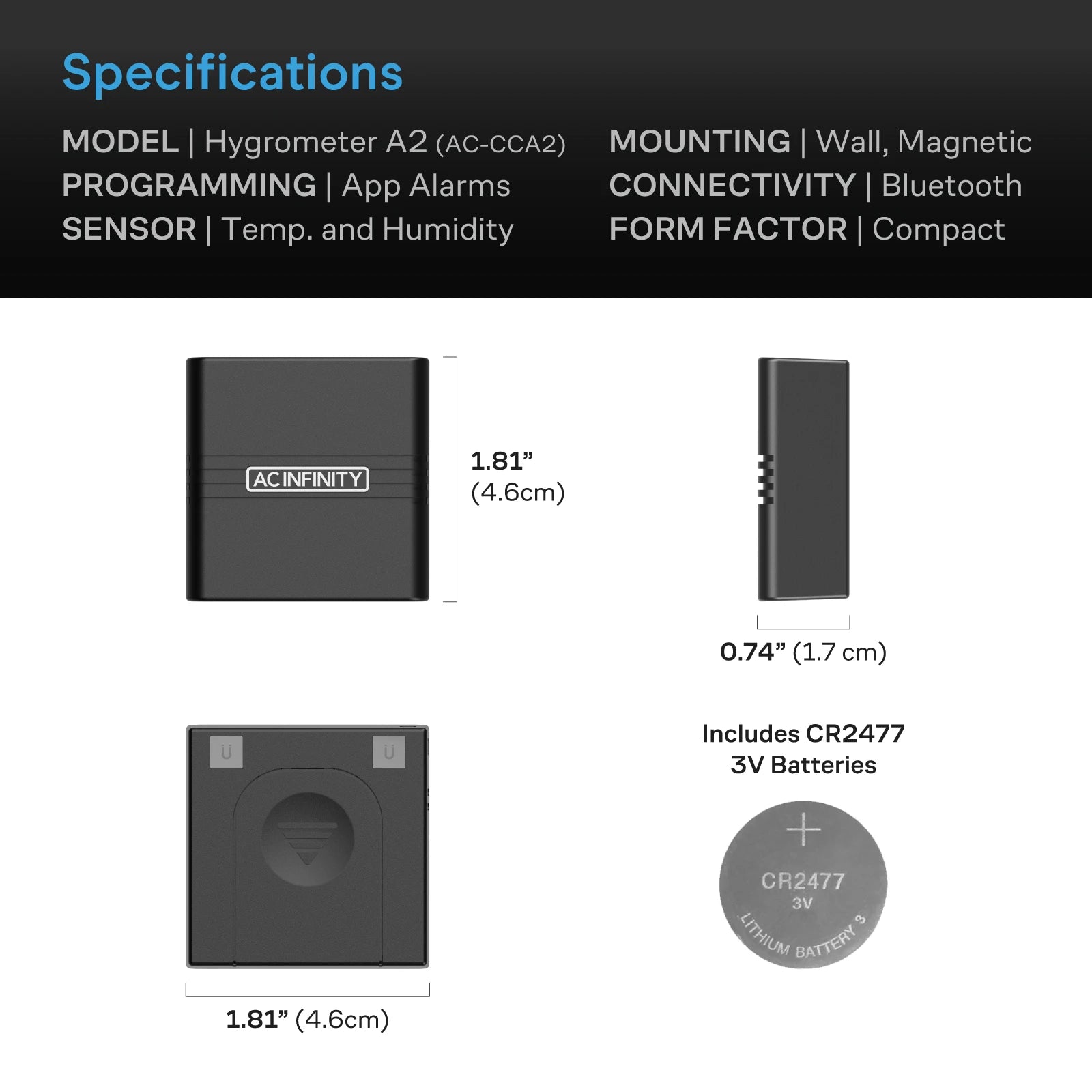 AC Infinity A2 Mini Smart Thermo-Hygrometer, Integrated Sensor Probe