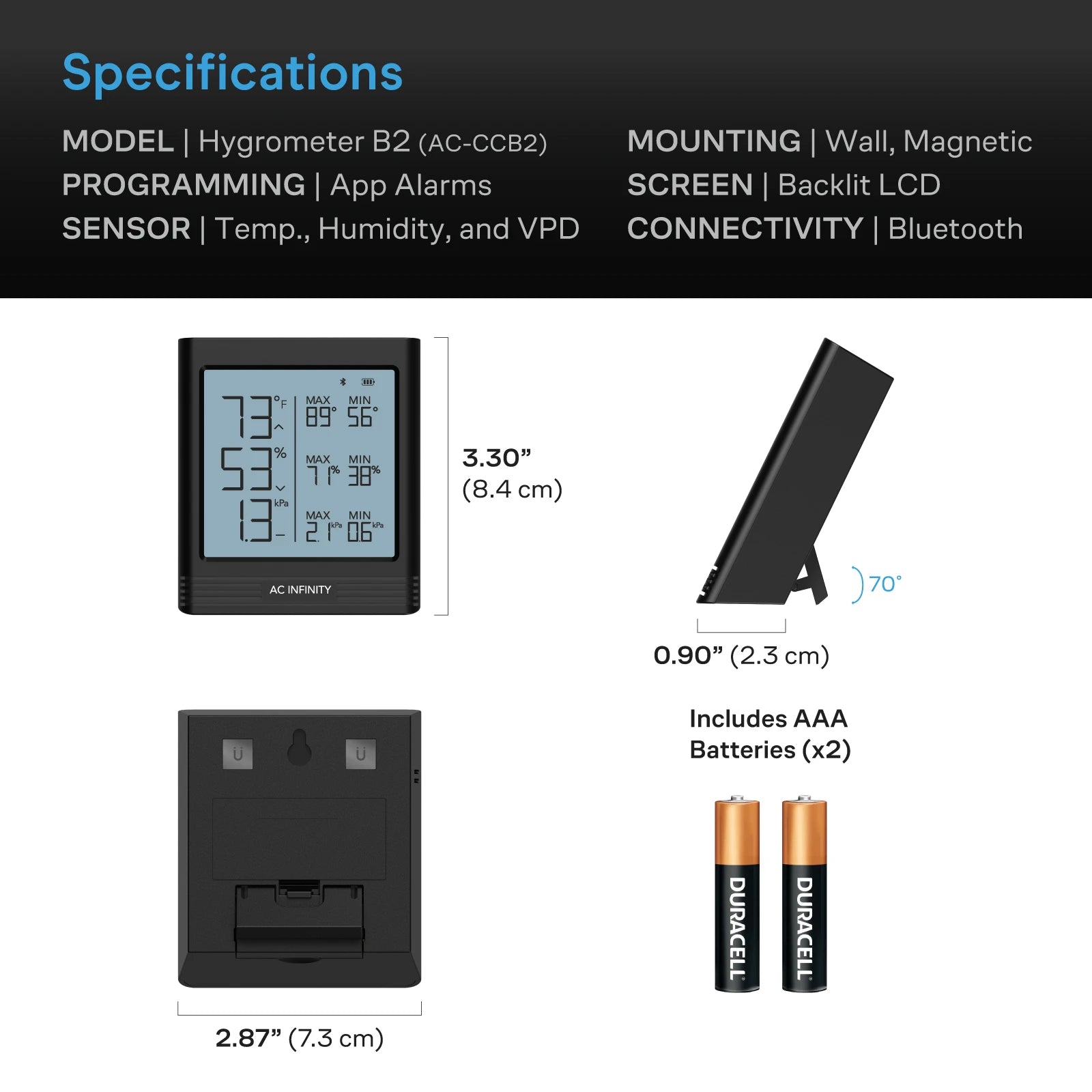 AC Infinity B2 Smart Thermo-Hygrometer, Integrated Sensor Probe
