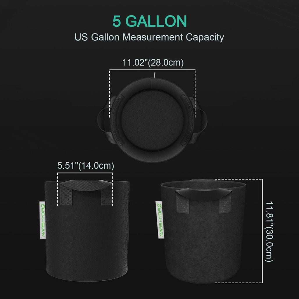 Mars Hydro Fabric Pot with Handle, 5 Gallon - Black, Pack of 5