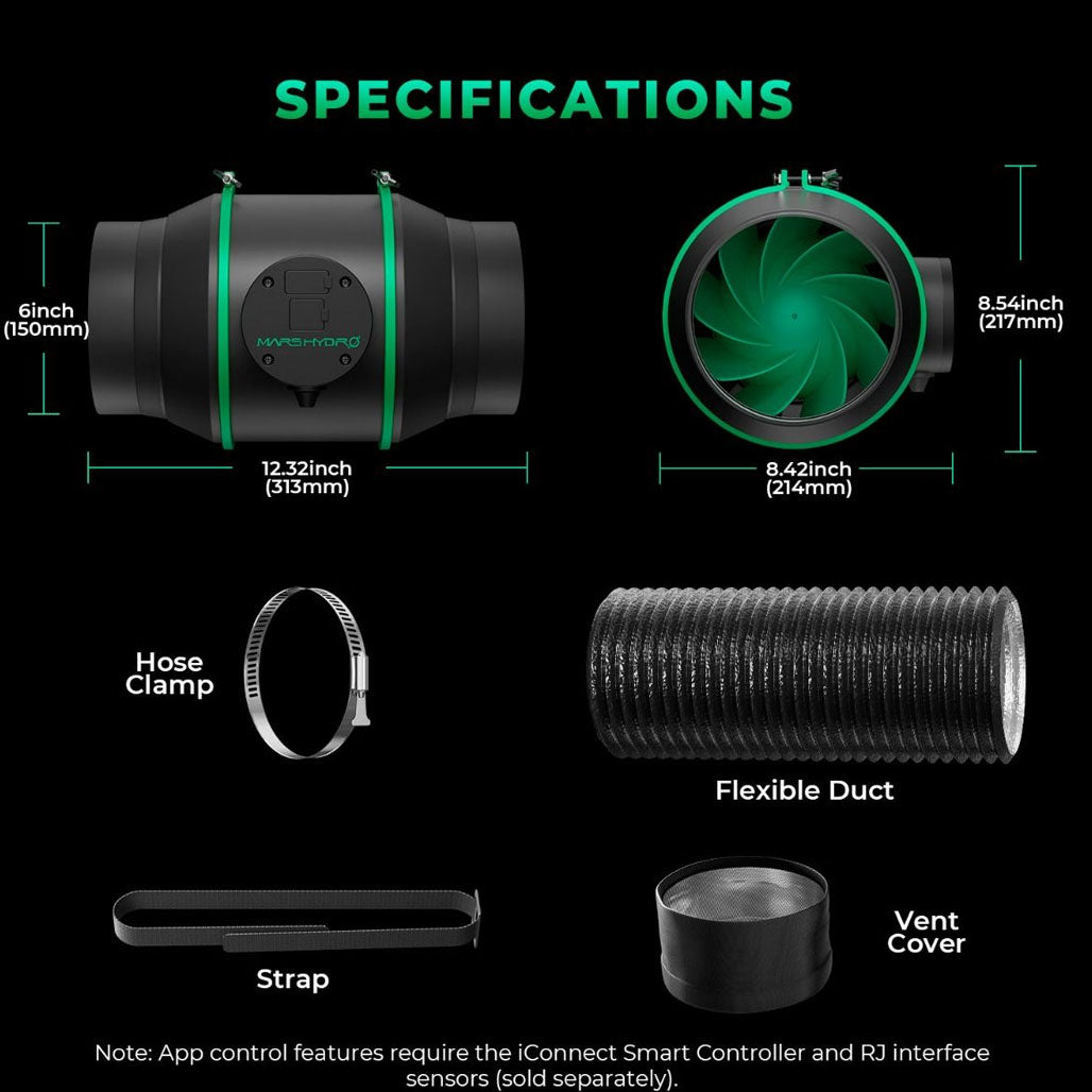Mars Hydro iFresh Inline Duct Fan and Refillable Carbon Filter Combo with Speed Controller, 6 Inch