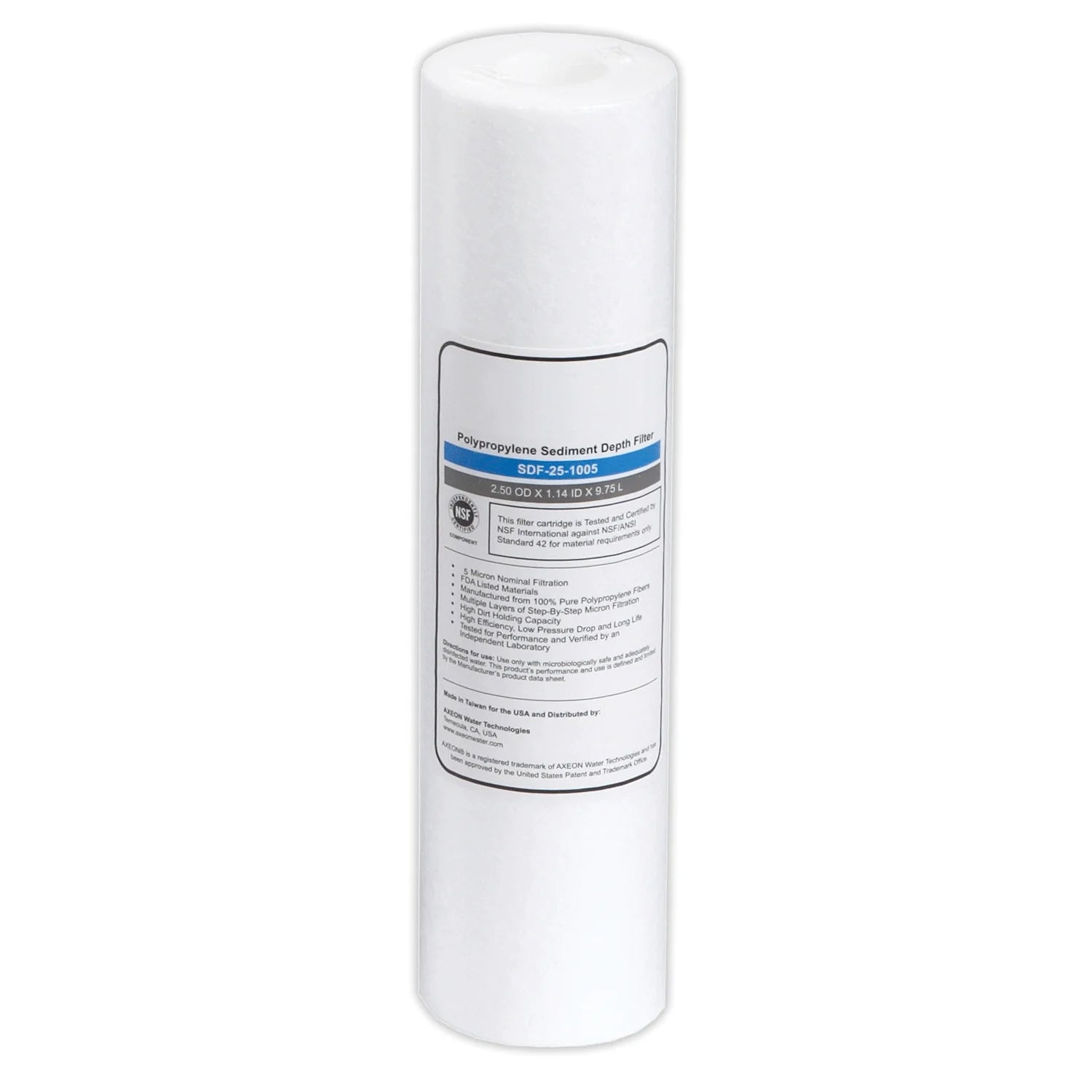AXEON SDF-25-1005 Polypropylene Sediment Depth Filter Cartridge, 2.5 Inch x 10 Inch