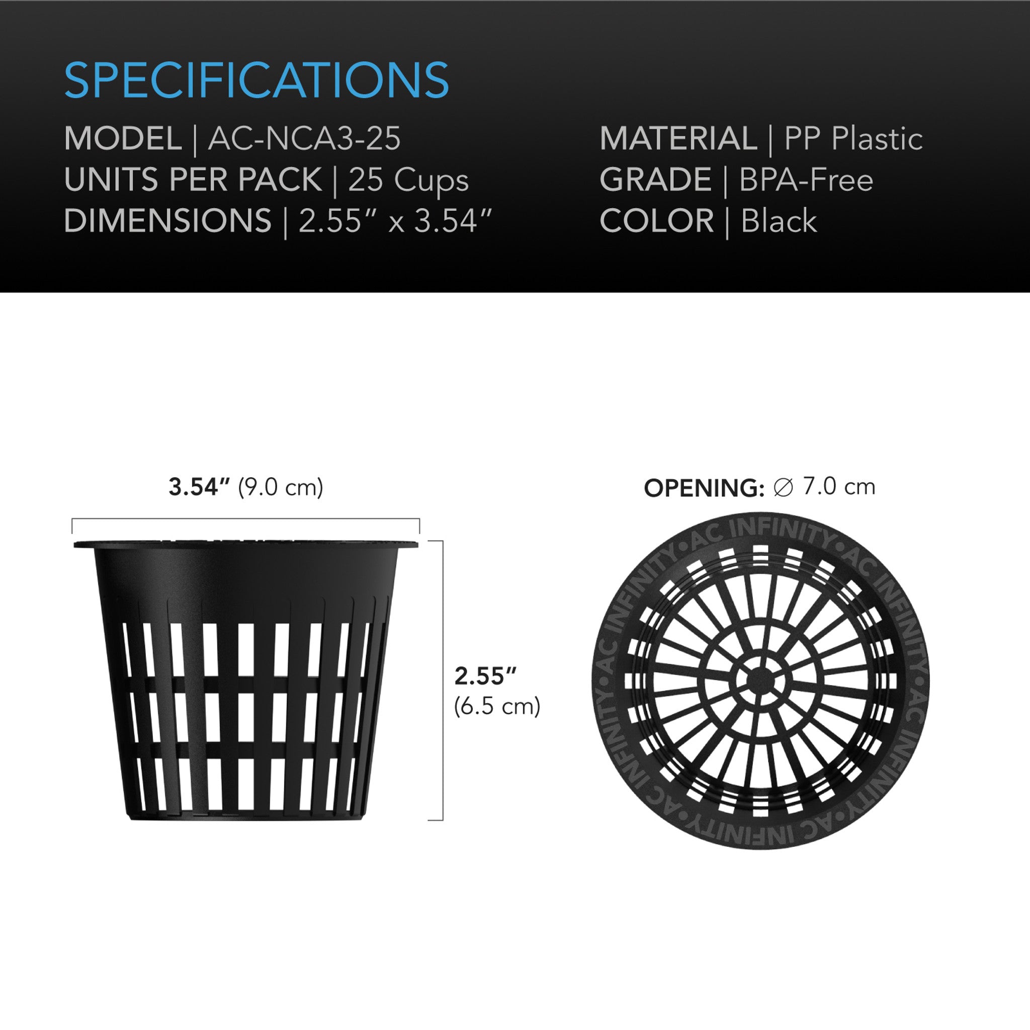 AC Infinity Mesh Net Cups, 3 Inch, Pack of 25