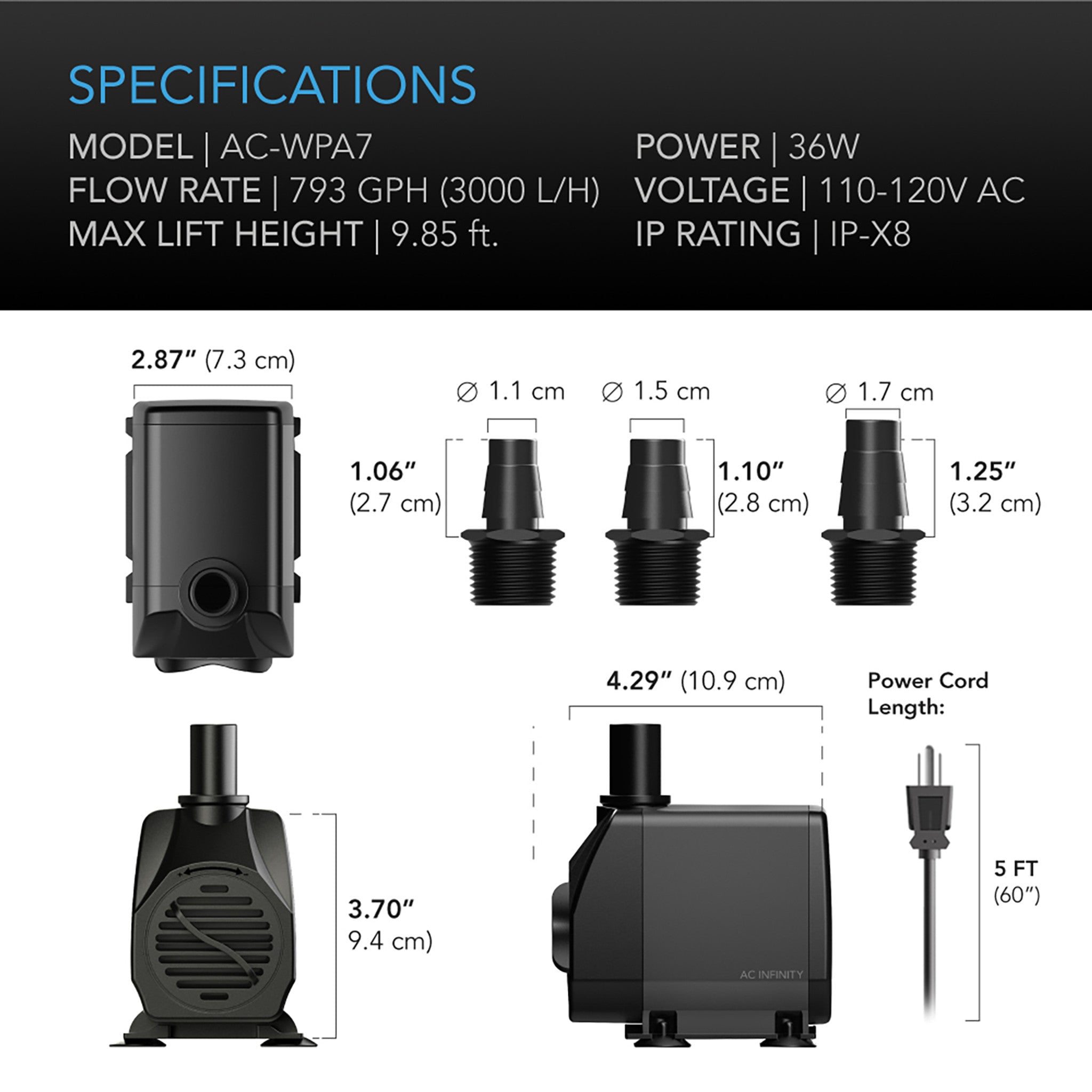 AC Infinity Submersible Water Pump, 792 GPH