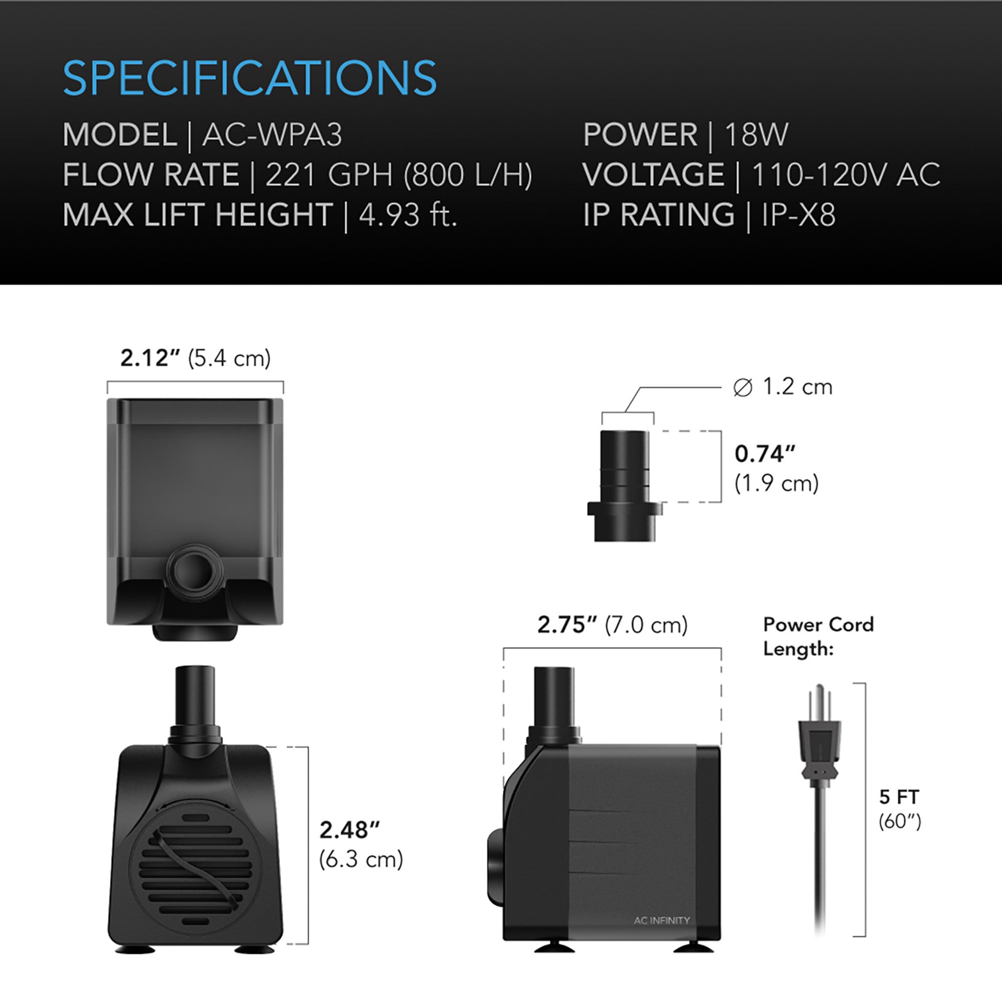 AC Infinity Submersible Water Pump, 211 GPH