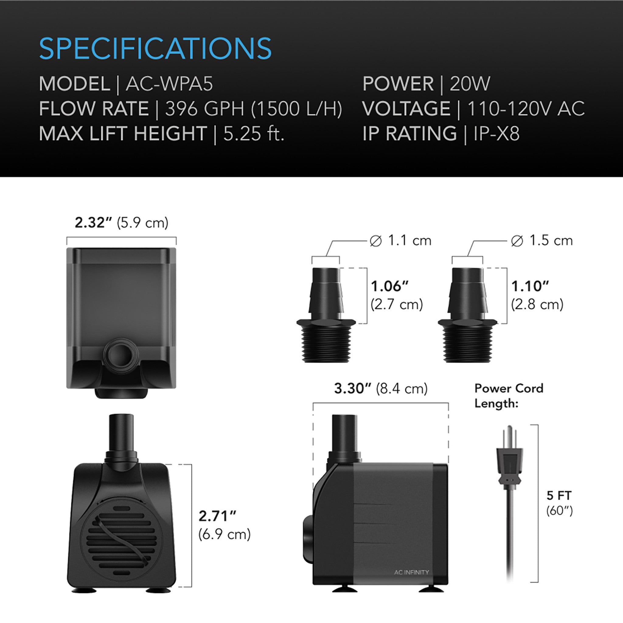 AC Infinity Submersible Water Pump, 396 GPH