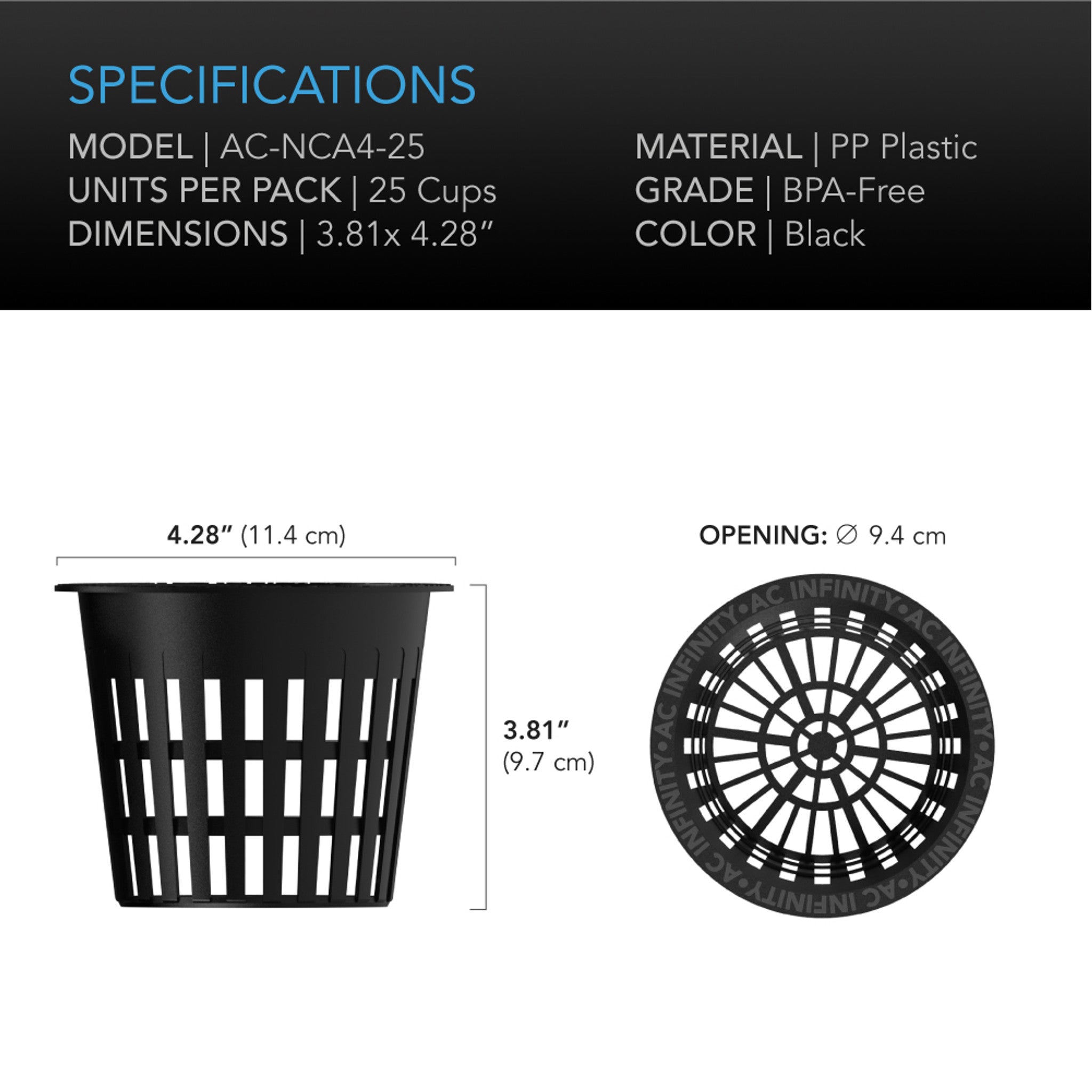 AC Infinity Mesh Net Cups, 4 Inch, Pack of 25