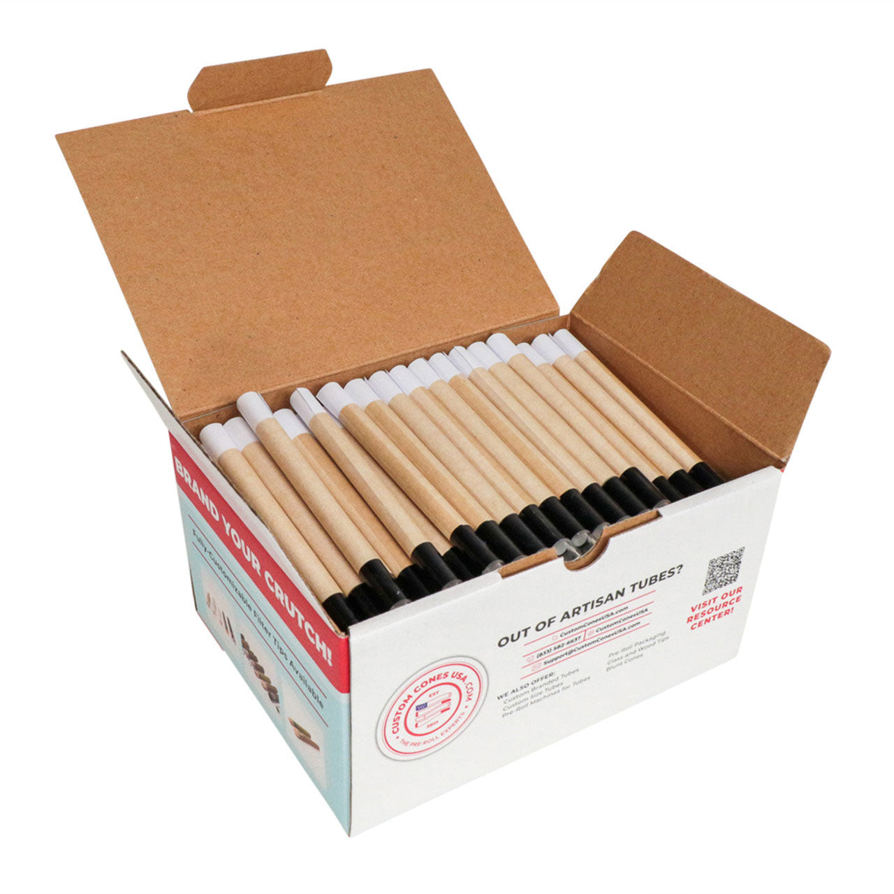 Custom Cones USA 109mm Pre-Rolled Tubes, Natural Brown Paper with 11mm Wide Glass Tipped with Glossy Black Band - Case of 100