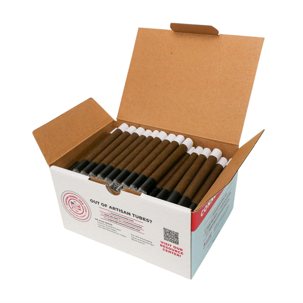 Custom Cones USA 109mm Pre-Rolled Tubes, Dark Brown Hybrid Hemp Wrap with 11mm Wide Cylinder Glass Tip - Case of 100