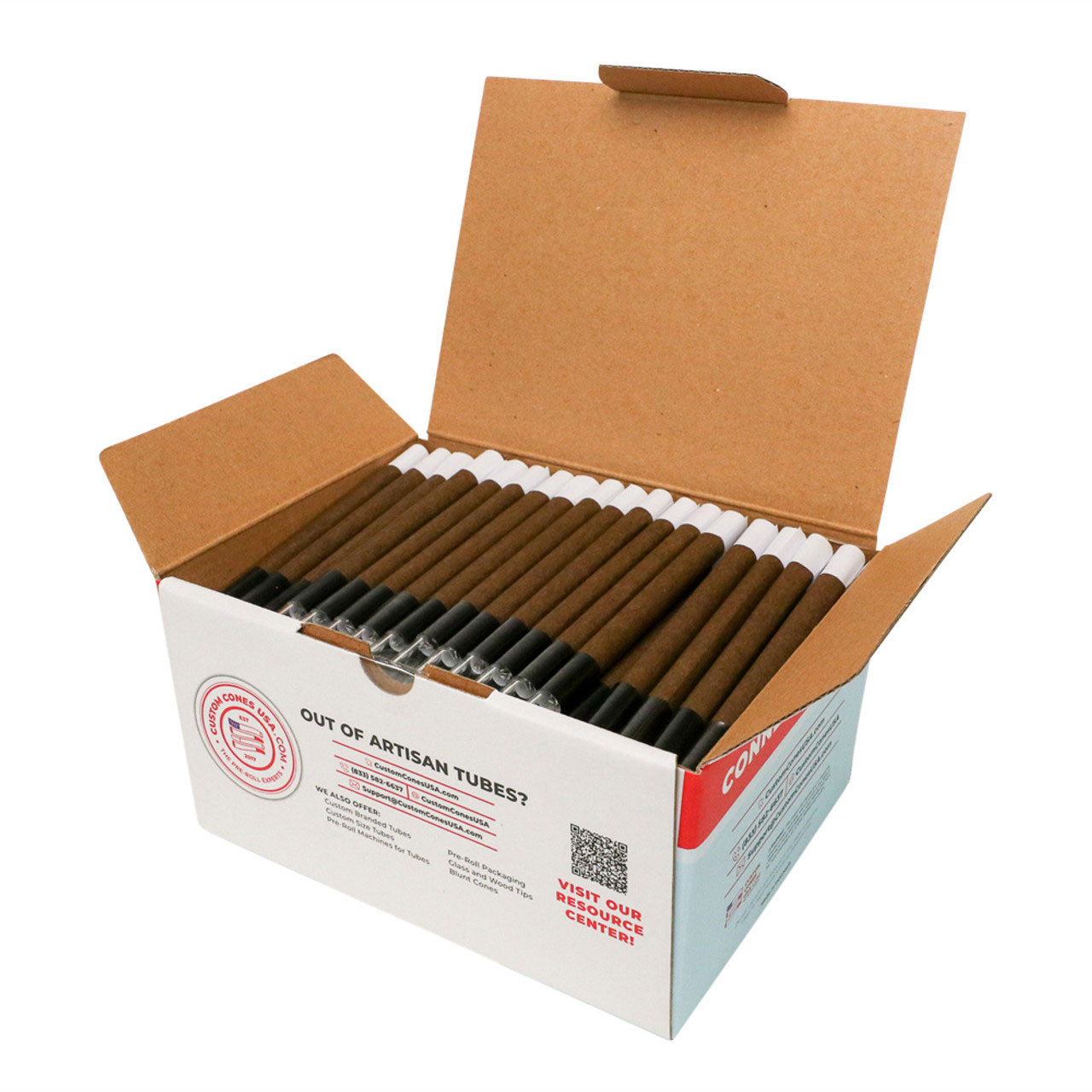 Custom Cones USA 109mm Pre-Rolled Tubes, Dark Brown Hybrid Hemp Wrap with 9mm Wide Cylinder Glass Tip - Case of 200