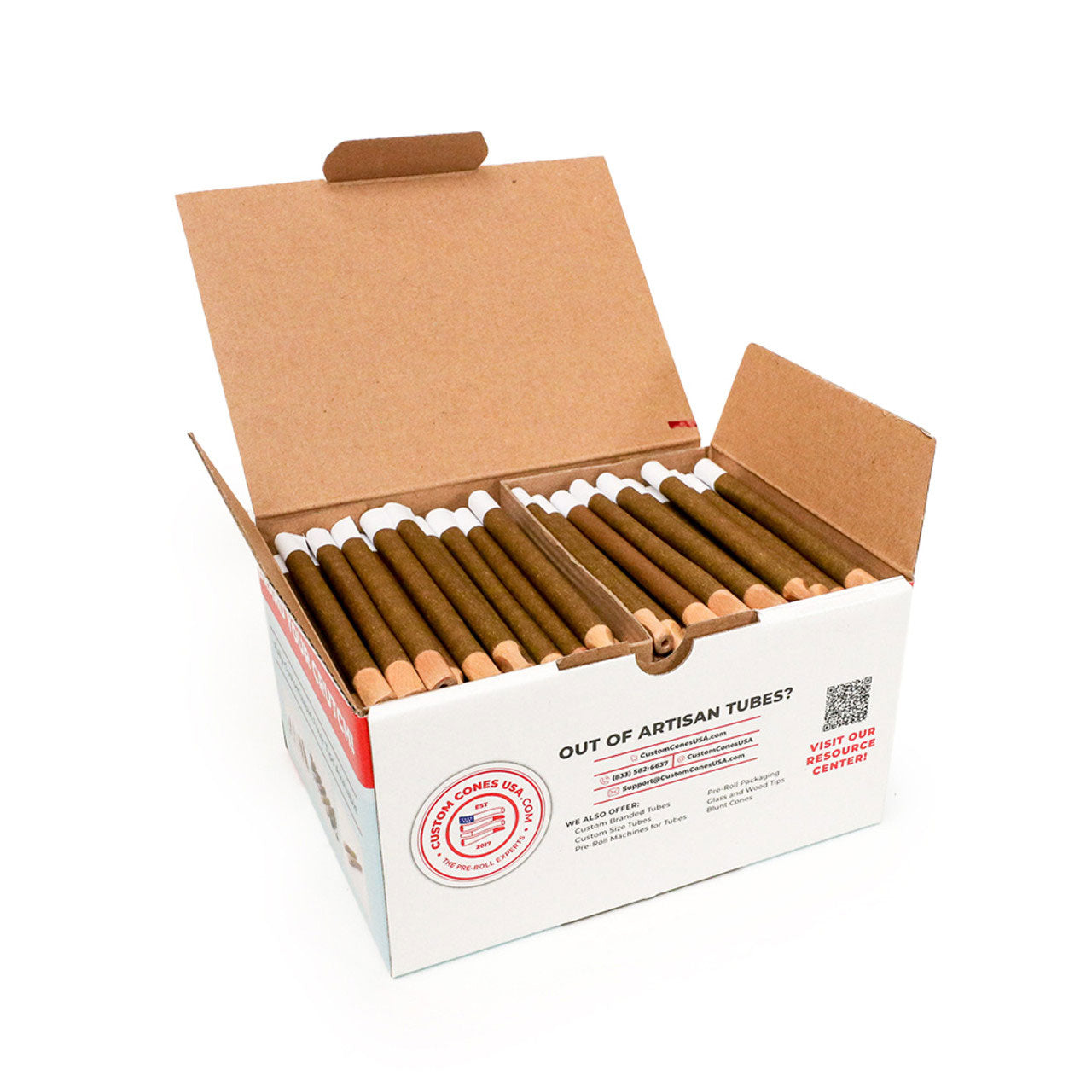 Custom Cones USA 109mm Pre-Rolled Tubes, Brown Hemp Wrap with 9mm Wide Natural Wood Tip - Case of 200
