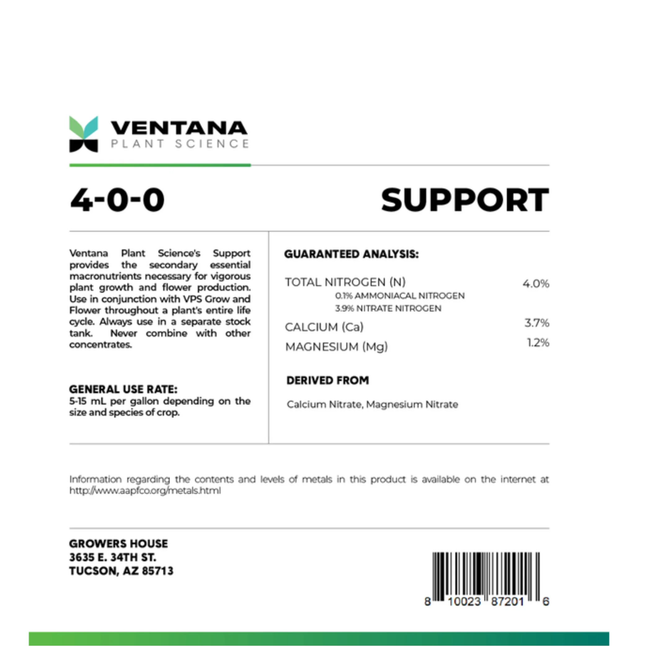 Ventana Plant Science - Support 4-0-0 (Cal-Mag + Secondary Macros)
