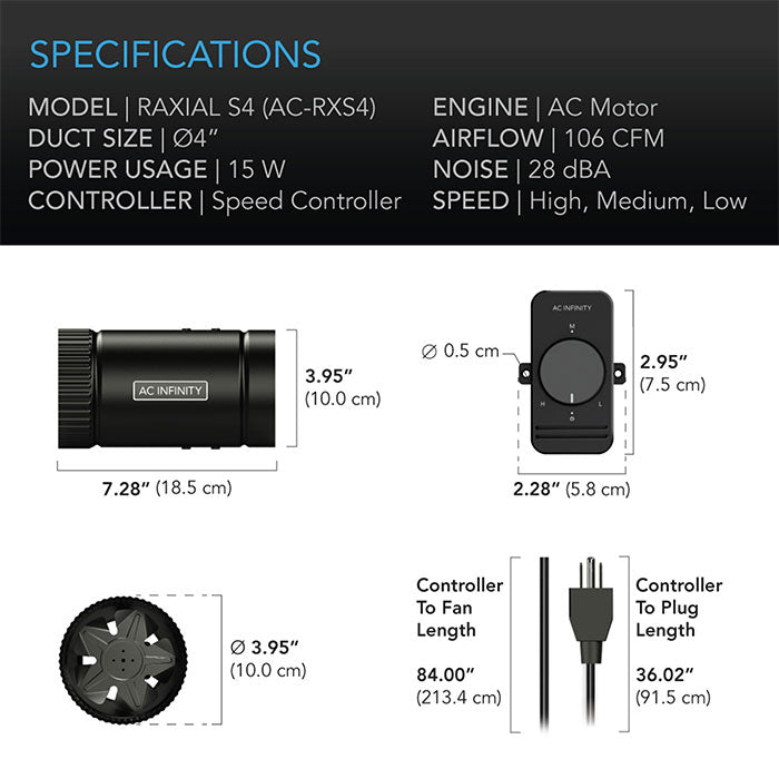 AC Infinity Raxial S4 Inline Booster Duct Fan with Speed Controller, 4"