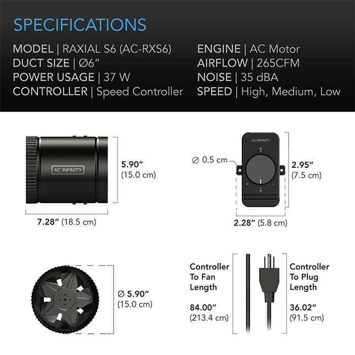AC Infinity Raxial S6 Inline Booster Duct Fan with Speed Controller, 6"