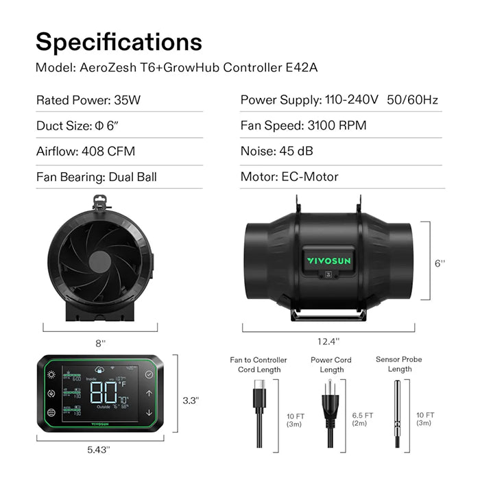 Vivosun AeroZesh T Series Inline Fan with E42A Controller