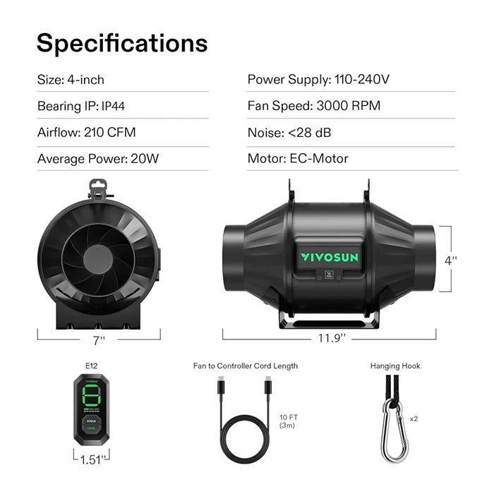 Vivosun AeroZesh T Series Inline Fan with E12 Speed Controller