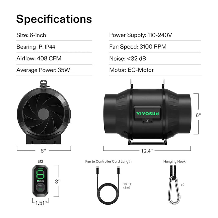 Vivosun AeroZesh T Series Inline Fan with E12 Speed Controller