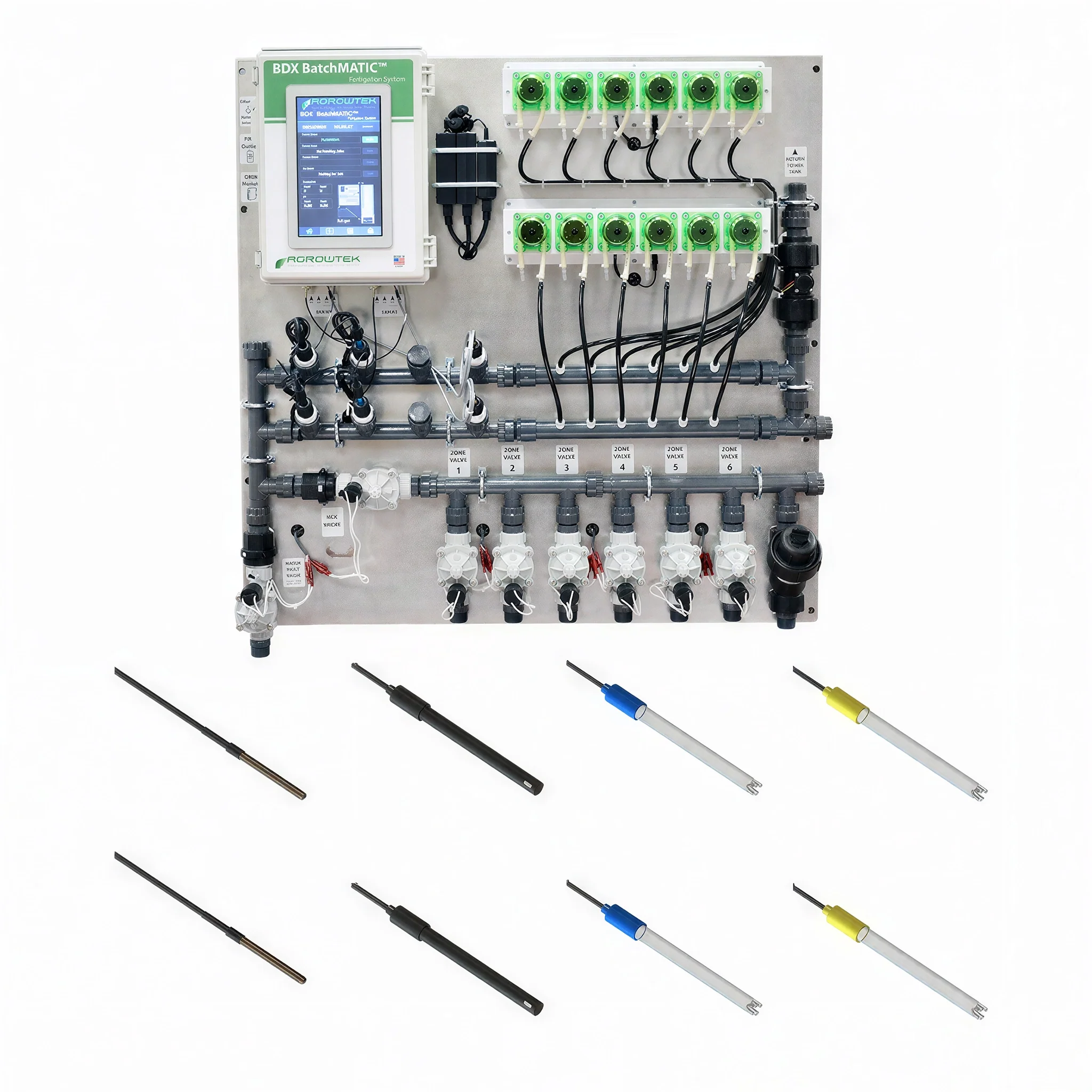Agrowtek GrowControl BDX BatchMatic 6-Zone/10 Peristaltic Pump Fertigation System With Dual Temperature, pH, EC Sensors & ORP Sensors