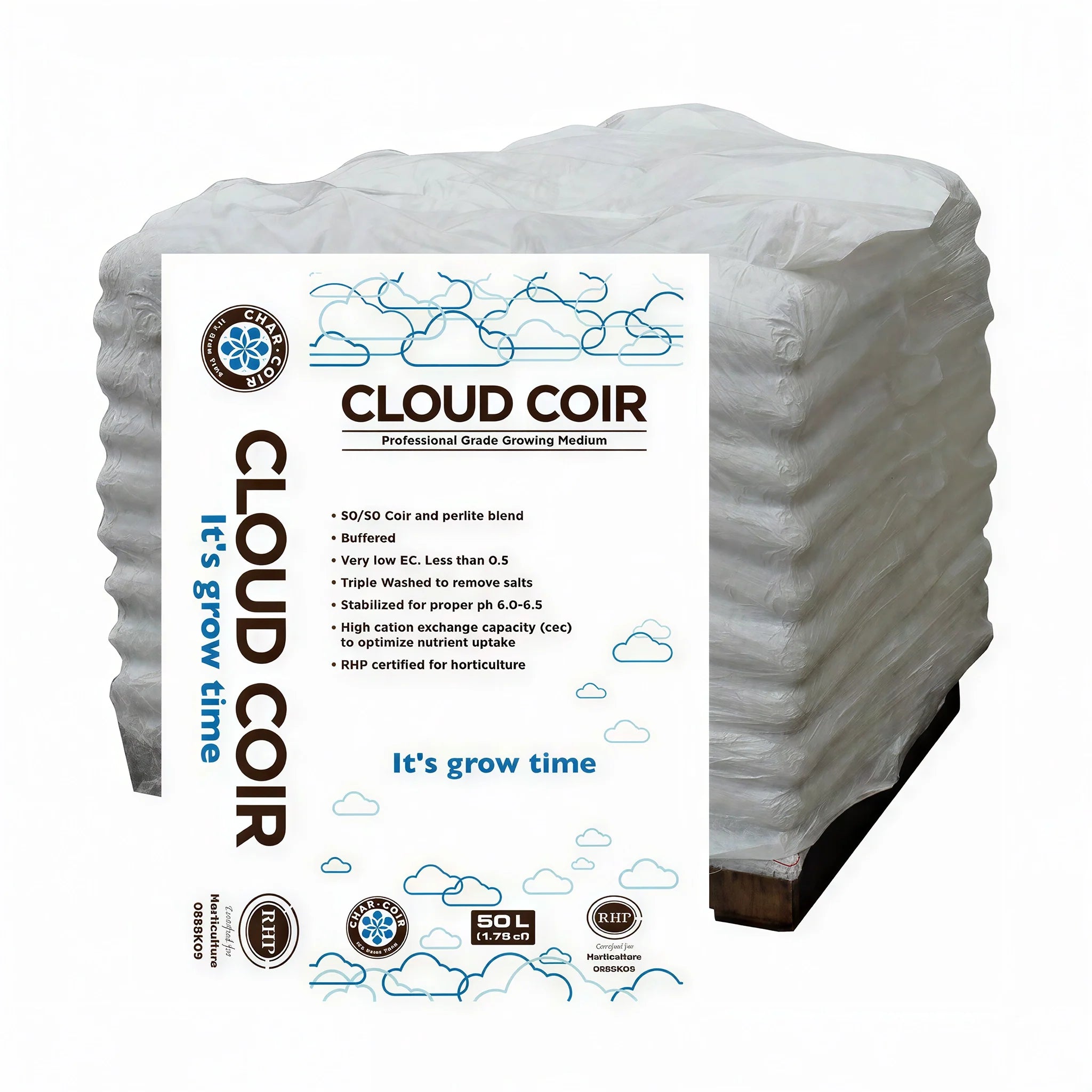 Char Coir Cloud Cloir 50/50 Coco/Perlite, RHP Certified, 50 Liter - Pallet of 80 Bags