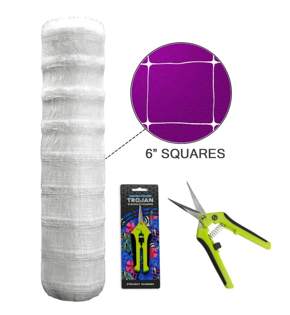 Common Culture Plastic Trellis Netting Bulk Roll 6.5 ft x 4,920 ft w/ 6 in Squares + Trojan 2 Inch Straight Scissors.