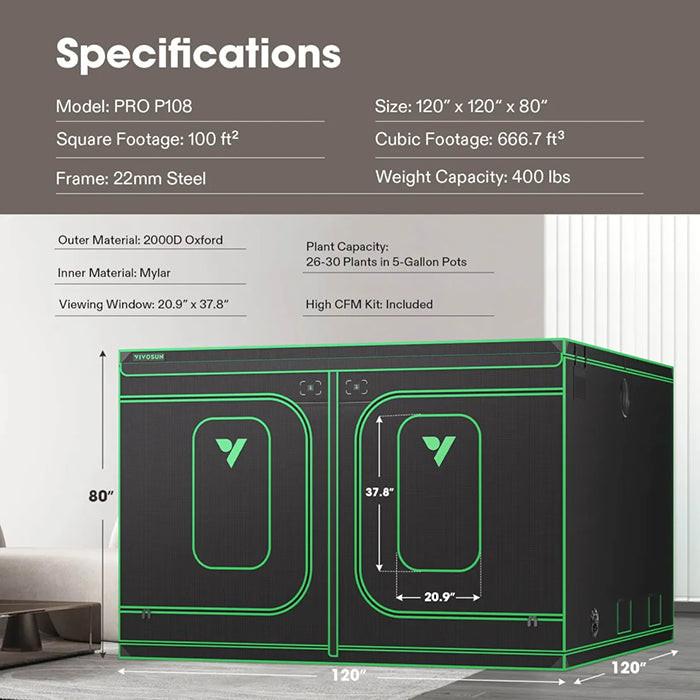 Grow Tent Pro 10x10 P108, 24-32 Plants Use, Large Front Window, 120′′ x 120′′ x 80′′, For Indoor Plants Growing